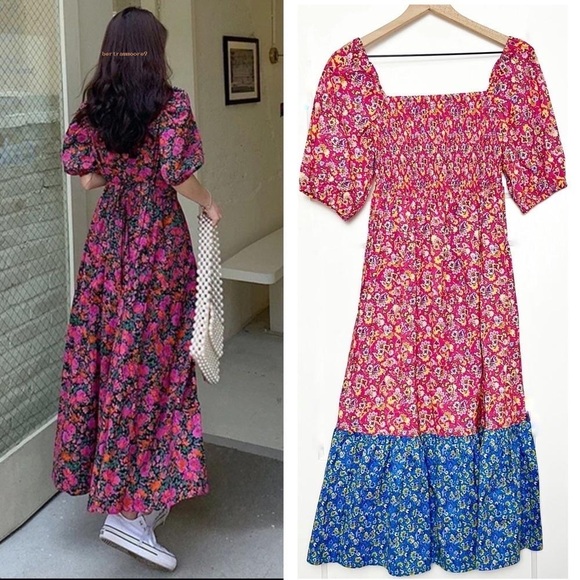 NWT HOUSE OF HARLOW Floral Smocked Puff Short Sleeve Ruffle Tiered Maxi Dress XS - Picture 2 of 4